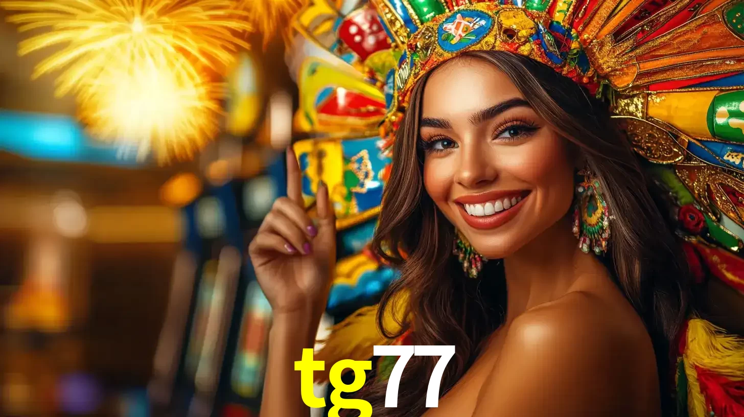 Mulher sorridente com um cocar de carnaval vibrante e colorido, celebrando uma grande vitória nos jogos do cassino tg77 com fogos de artifício ao fundo.