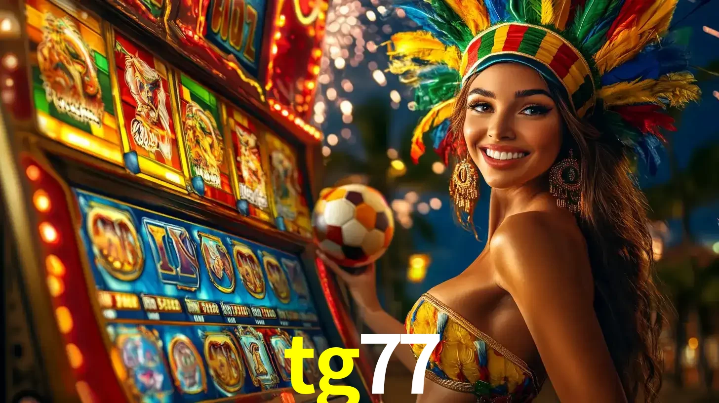 Mulher com um cocar de carnaval ao lado de uma máquina de caça-níqueis enquanto segura uma bola de futebol, mostrando a união da diversão de cassino e esportes no tg77.