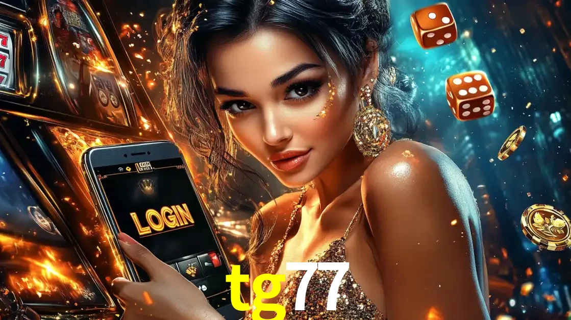 Mulher glamourosa segurando um celular com a tela de login do cassino tg77, rodeada por dados e moedas douradas, pronta para começar a diversão.