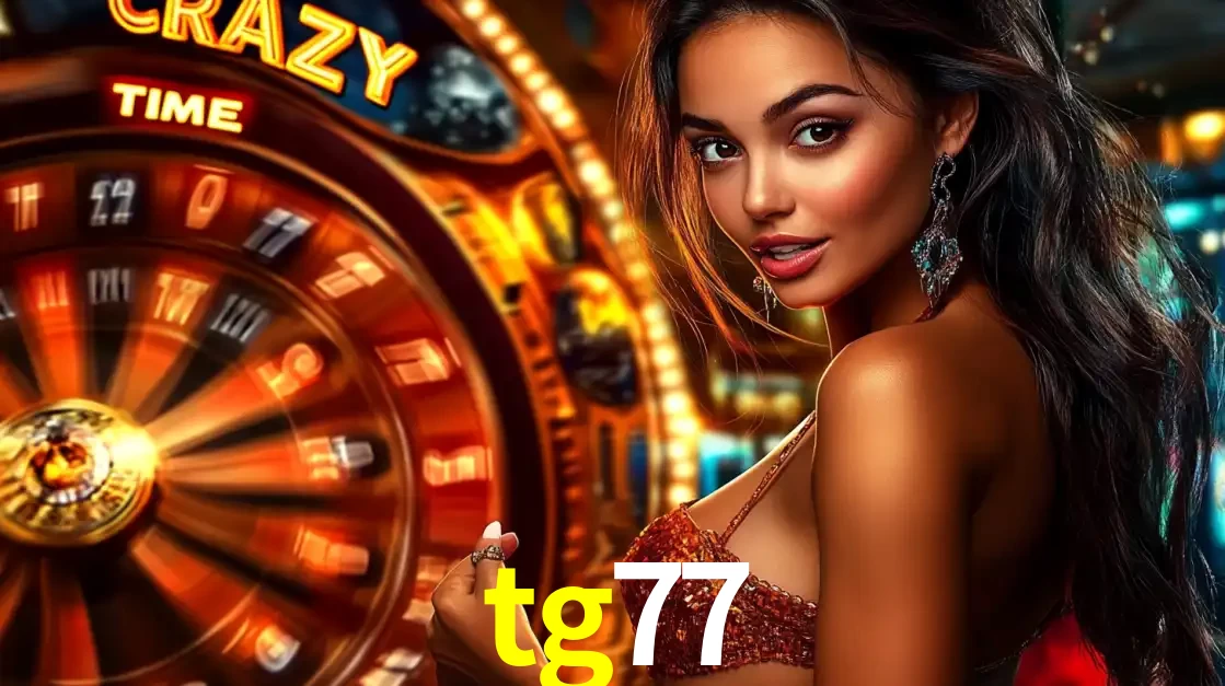 Mulher ao lado da roda de prêmios do jogo de cassino ao vivo Crazy Time, um dos shows de jogos mais emocionantes oferecidos pela plataforma de apostas tg77.