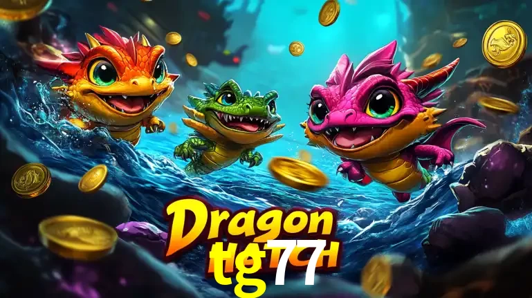 Arte promocional do jogo Dragon Hatch com três adoráveis dragões bebês nadando entre moedas de ouro, um dos slots mais divertidos para jogar no cassino tg77.