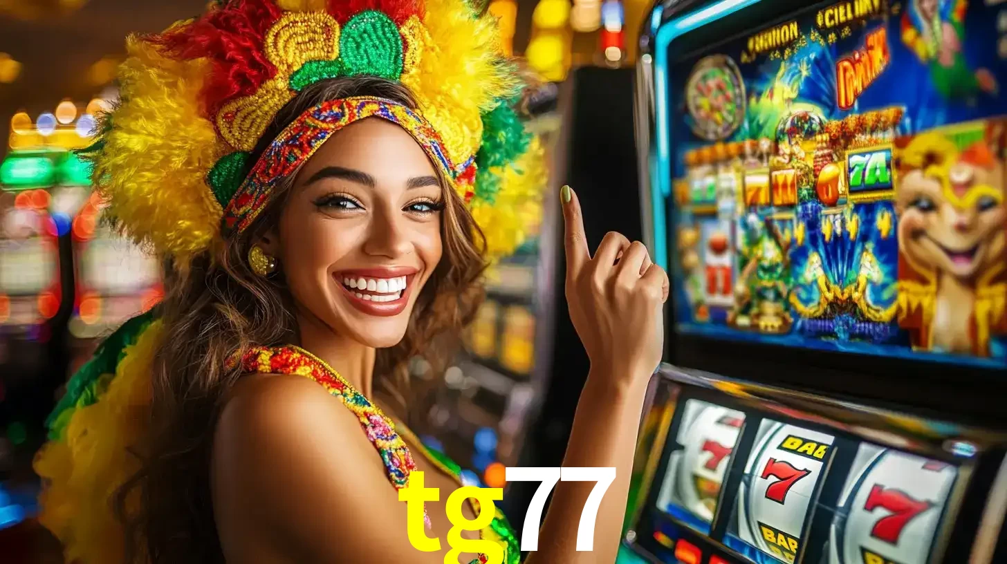 Mulher animada com um cocar de carnaval apontando para uma máquina de caça-níqueis, mostrando a emoção de ganhar um grande prêmio nos jogos do tg77.