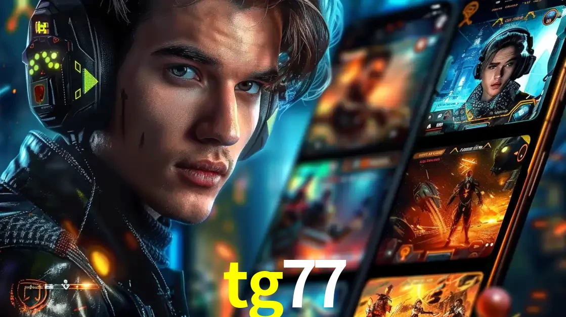 Jovem jogador com fones de ouvido olhando para a câmera, com um aplicativo de jogos e e-sports para celular ao fundo, pronto para a competição e apostas no tg77.