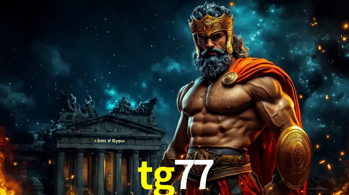 O poderoso Zeus do jogo de slot Gates of Olympus em frente ao seu templo, pronto para lançar multiplicadores divinos e prêmios épicos no cassino online tg77.