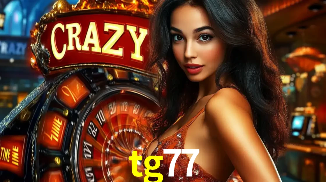 Mulher glamourosa olhando para a câmera com a roda vermelha do Crazy Time ao fundo em um ambiente de cassino, destacando a emoção dos jogos ao vivo no tg77.