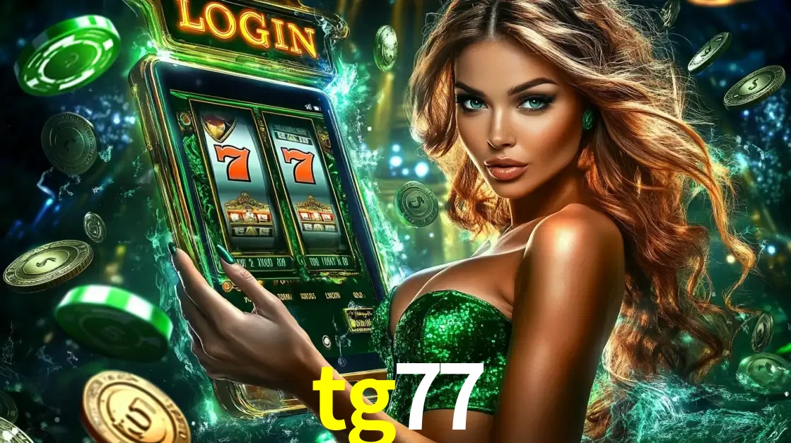 Mulher com tema verde apresentando o aplicativo do cassino tg77 com um jogo de slot de 777, cercada por fichas de cassino e uma aura de sorte.