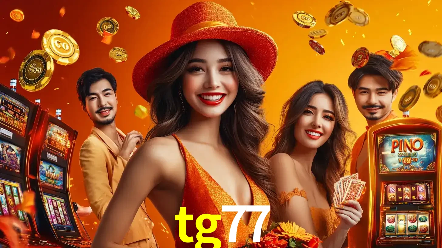 Grupo de amigos asiáticos sorrindo e se divertindo com máquinas de caça-níqueis em um ambiente festivo, celebrando suas vitórias nos jogos de cassino do tg77.