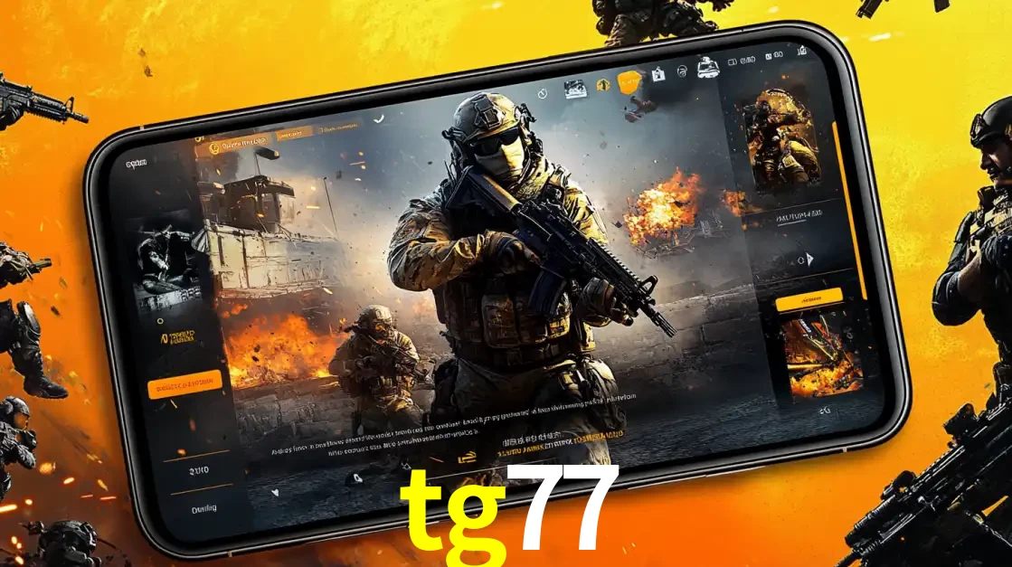 Um smartphone exibindo a interface de um jogo de tiro em primeira pessoa, com um soldado em um cenário de batalha, representando a ação dos e-sports para apostar no tg77.