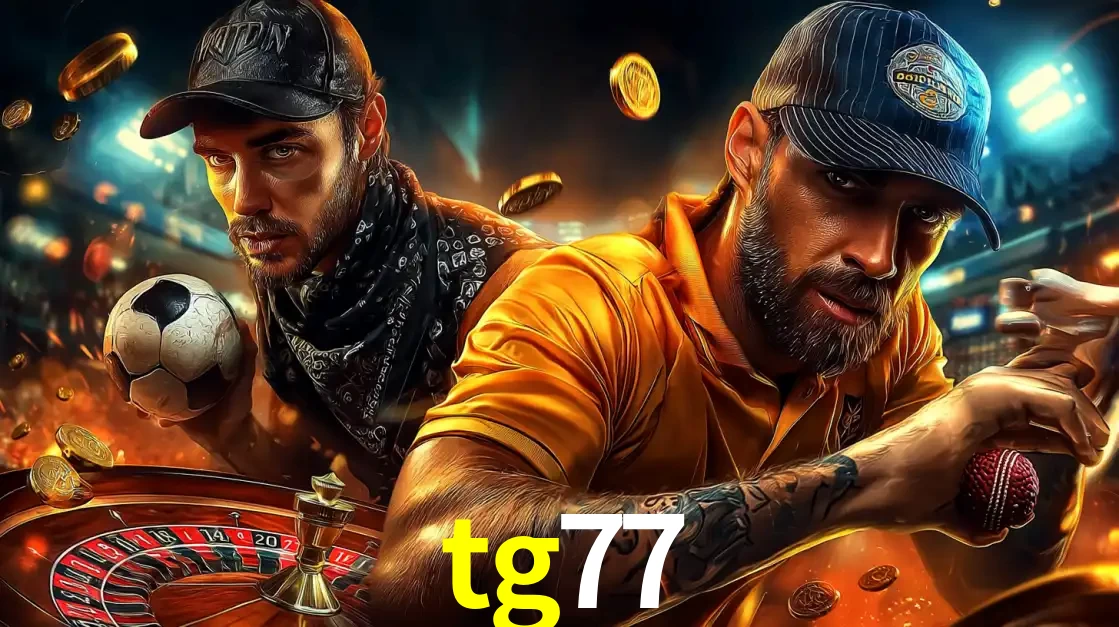 Montagem de apostas esportivas e cassino no tg77, com um homem segurando uma bola de futebol e outro uma de beisebol sobre uma roleta e moedas voadoras.