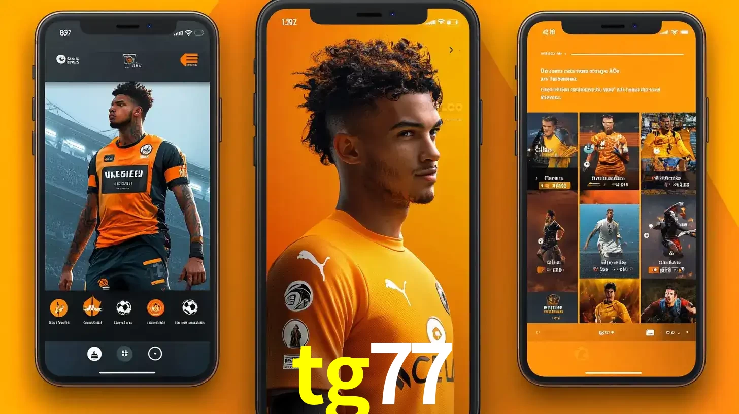 Interface do aplicativo de apostas esportivas tg77 em três telas de celular, mostrando o perfil de um jogador de futebol e a lista de jogos disponíveis para apostar.