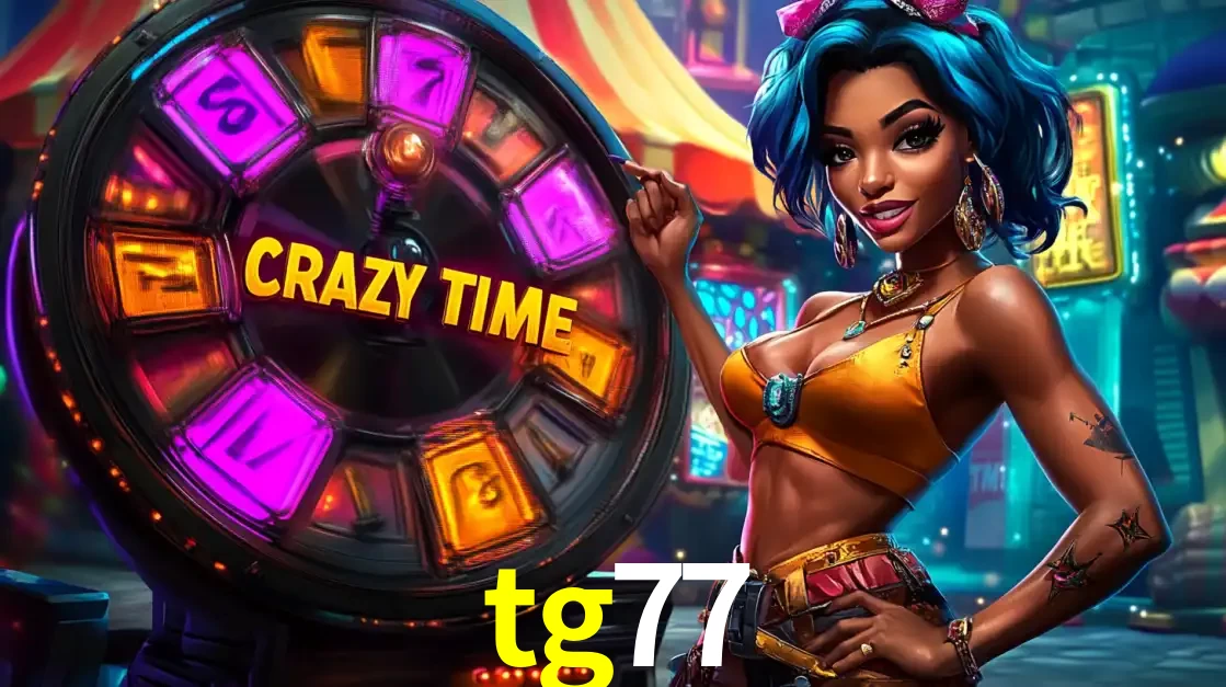 Mulher estilizada com cabelo azul e visual vibrante posando ao lado da roda de prêmios do game show Crazy Time, convidando para a diversão e os bônus do cassino tg77.