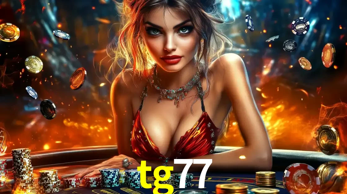 Mulher em uma mesa de cassino com pilhas de fichas e um fundo de fogo, pronta para uma rodada de altas apostas nos jogos de mesa emocionantes do cassino tg77.
