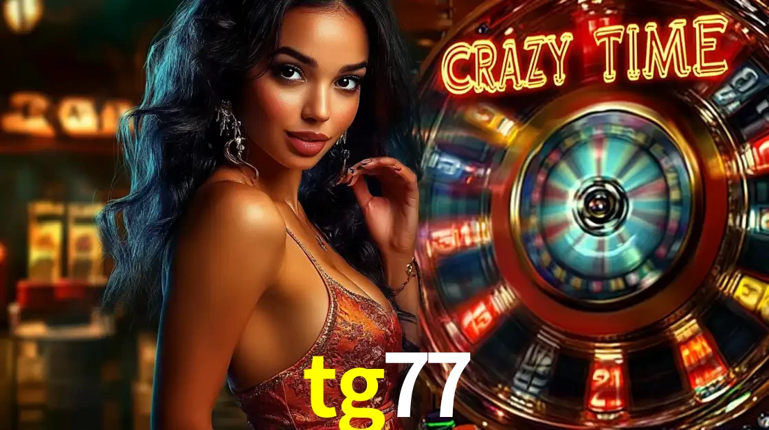 Mulher elegante ao lado da vibrante roda da fortuna do jogo de cassino ao vivo Crazy Time, um dos game shows mais populares e cheios de prêmios do tg77.