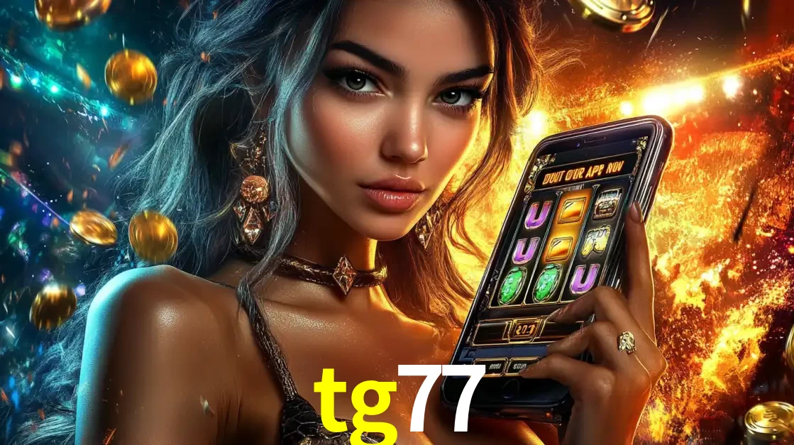 Mulher elegante mostrando um jogo de caça-níqueis em seu smartphone, destacando a experiência de cassino móvel oferecida pelo aplicativo tg77.