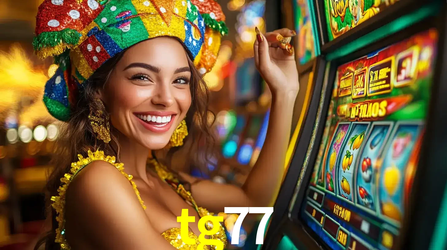 Mulher feliz com traje de carnaval amarelo e colorido ao lado de uma máquina de caça-níqueis, aproveitando a diversão e os jogos temáticos do cassino tg77.