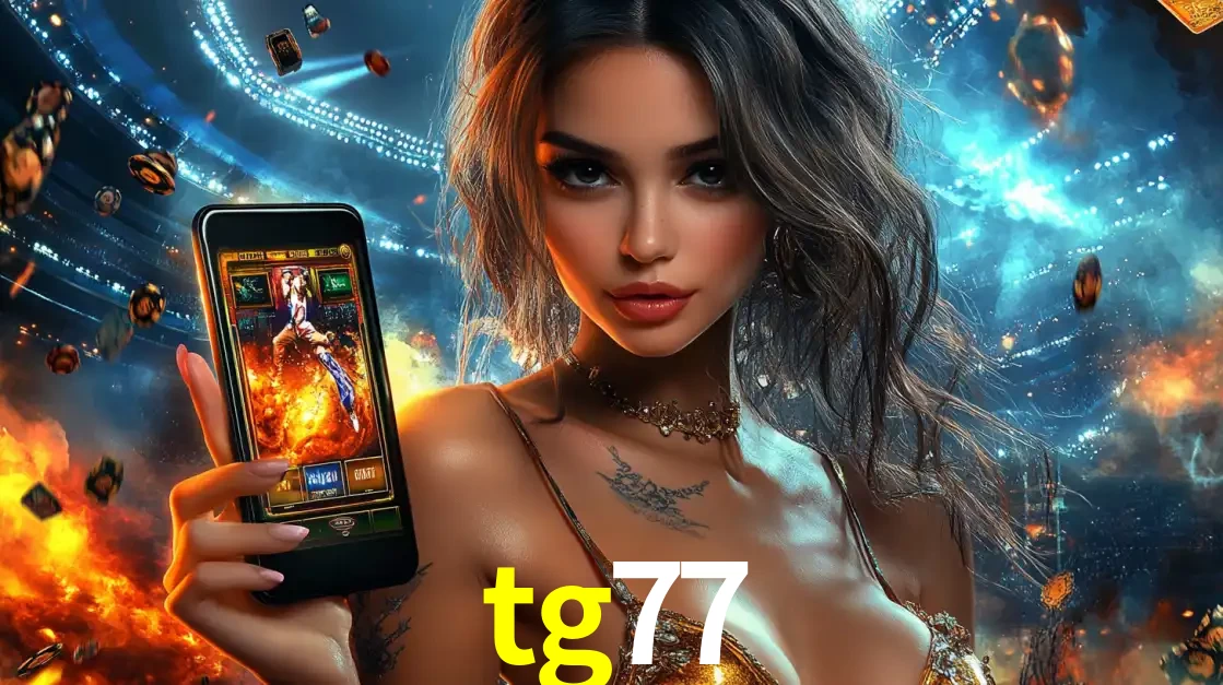 Mulher segurando um celular com um jogo de slot em destaque, tendo como fundo um estádio vibrante, simbolizando a emoção de jogar no cassino móvel tg77.