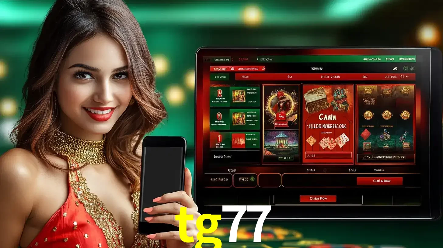 Mulher sorridente segurando um smartphone, ao lado de uma tela exibindo o lobby de jogos do cassino online tg77, com várias opções de jogos de cartas e slots.